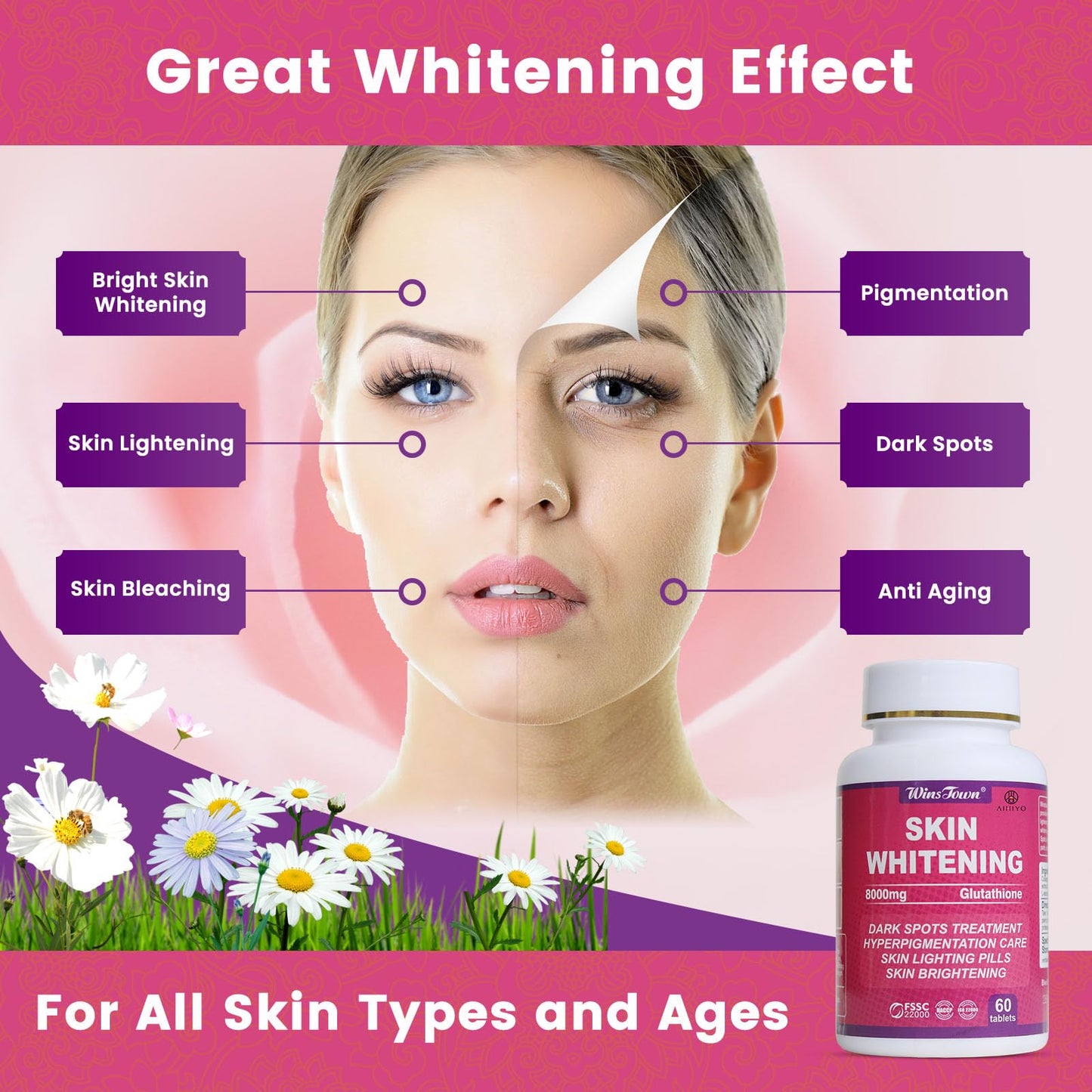AIHIYO Skin Whitening Pill | 8000mg Glutathione, Dark Spots & Melasma, 60 Tablets