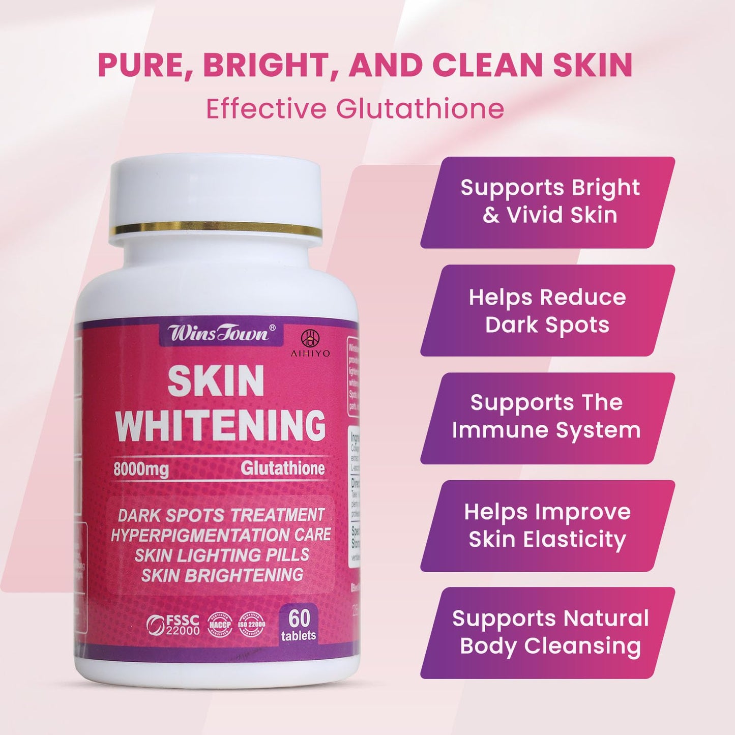 AIHIYO Skin Whitening Pill | 8000mg Glutathione, Dark Spots & Melasma, 60 Tablets