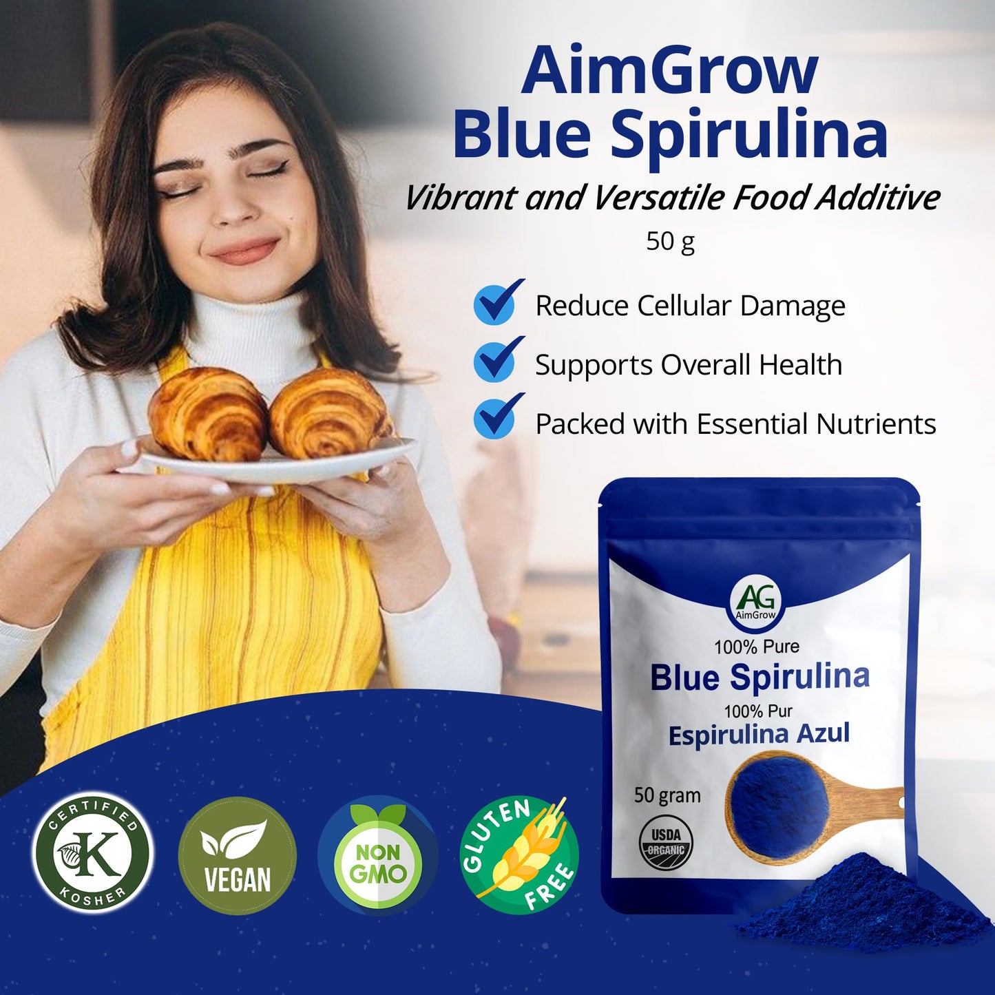 Aimgrow Blue Spirulina, Antioxidant Rich Blue Spirulina Powder, Non-GMO and Gluten-Free, 50 Grams