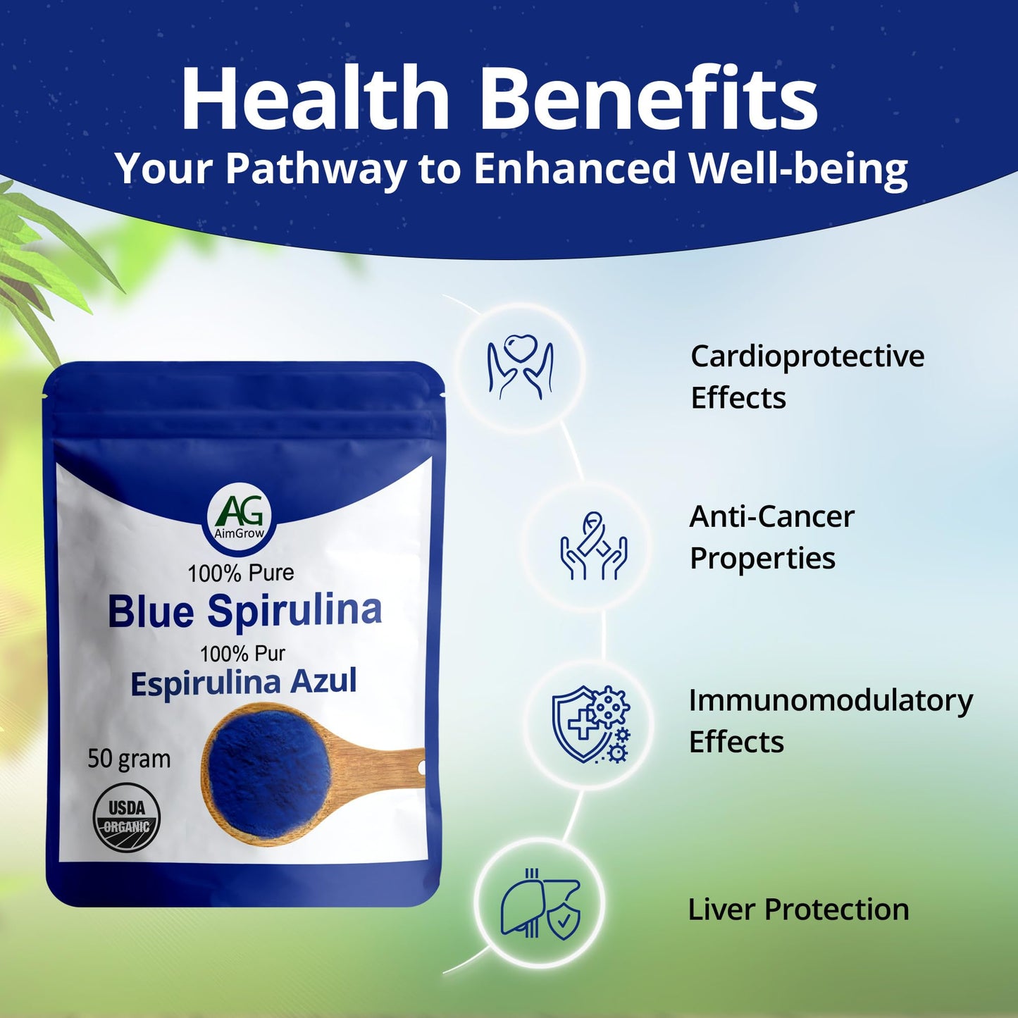 Aimgrow Blue Spirulina, Antioxidant Rich Blue Spirulina Powder, Non-GMO and Gluten-Free, 50 Grams