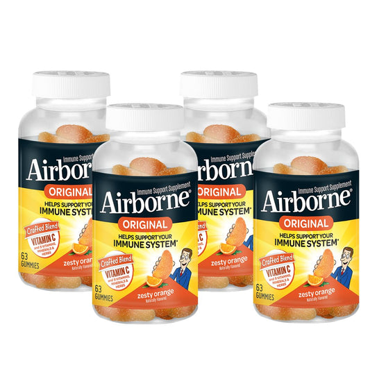 Airborne 750mg Vitamin C Gummies – Immune Support, Zesty Orange, Gluten Free (63 Gummies, 4 Pack) BritishVita | Premium UK Vitamins & Wellness Supplements