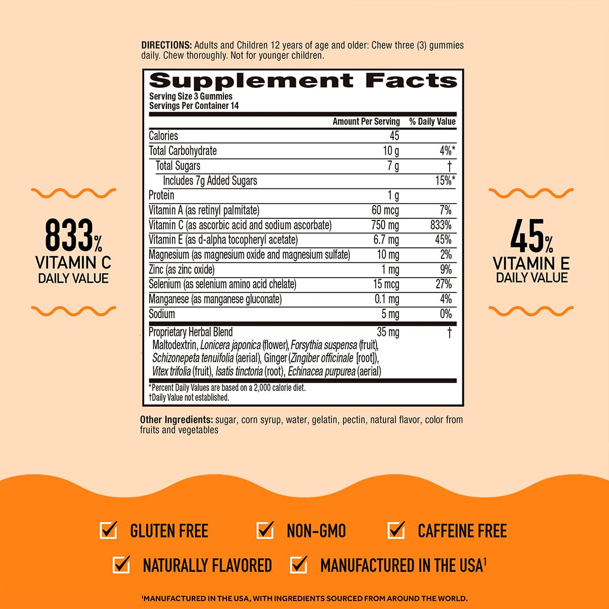Airborne 750mg Vitamin C Immunity Gummies – Zesty Orange, Gluten Free (42 Gummies, 2 Pack)