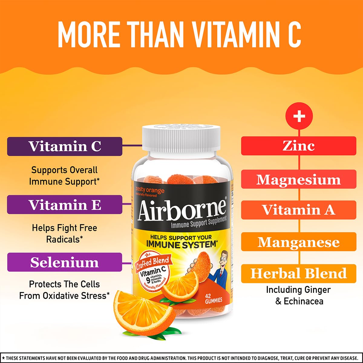 Airborne 750mg Vitamin C Immunity Gummies – Zesty Orange, Gluten Free (42 Gummies, 2 Pack)