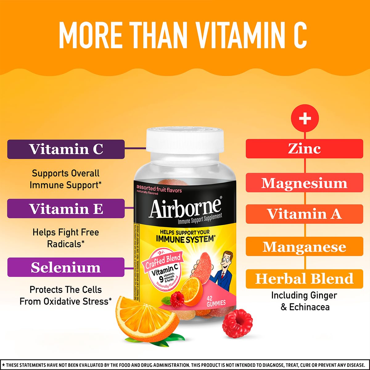 Airborne 750mg Vitamin C Immune Support Gummies for Adults - Assorted Fruit Flavor, Gluten Free - 42 Gummies (2 Pack)