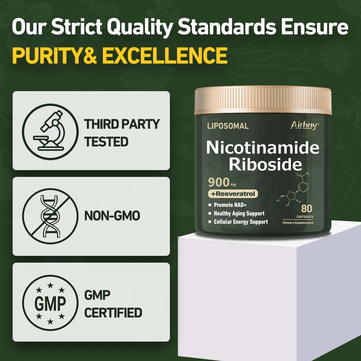 Airboy Liposomal Nicotinamide Riboside 900 mg – NAD+ Support with Resveratrol & Quercetin | 80 Capsules (2 Pack)