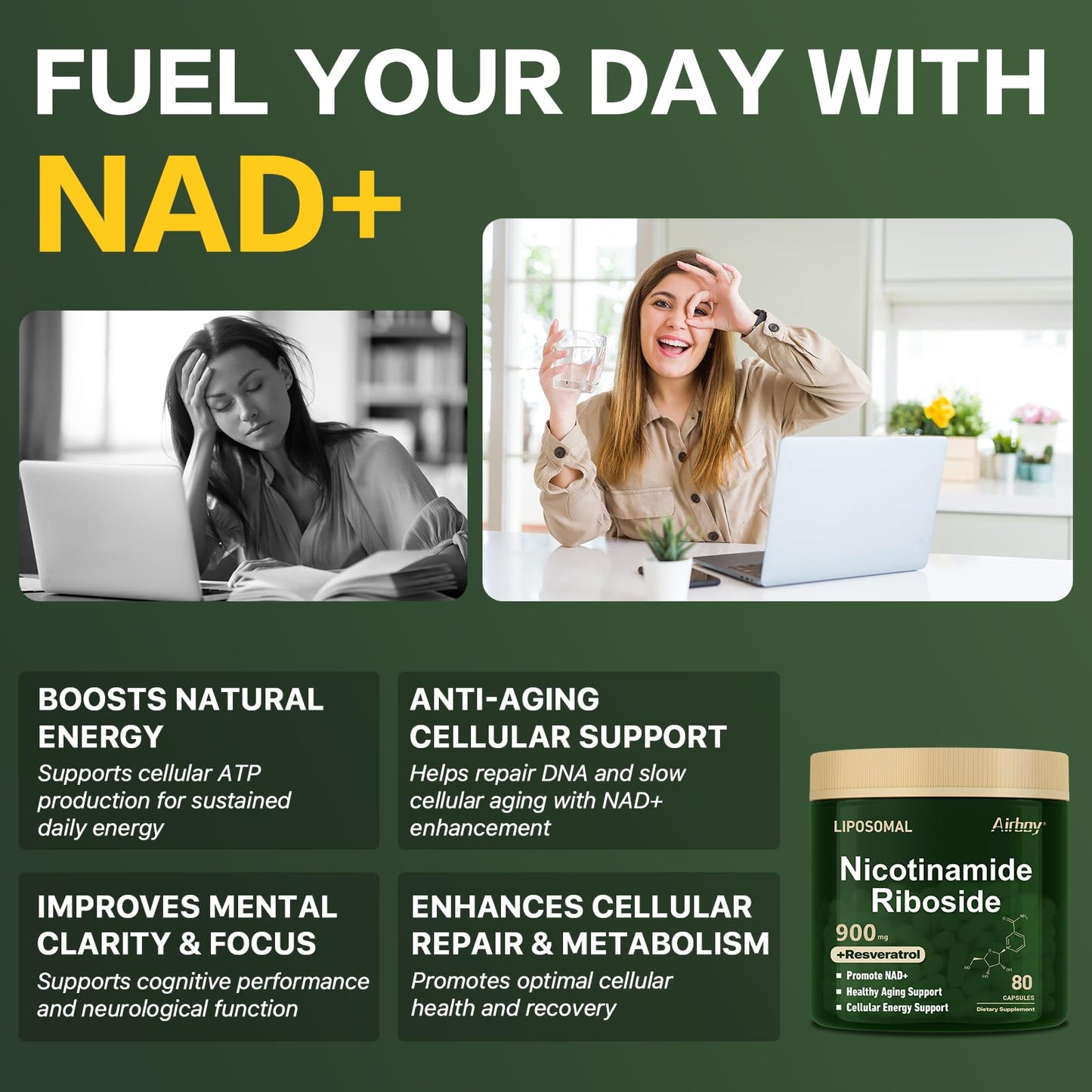 Airboy Liposomal Nicotinamide Riboside 900 mg – NAD+ Support with Resveratrol & Quercetin | 80 Capsules (2 Pack)