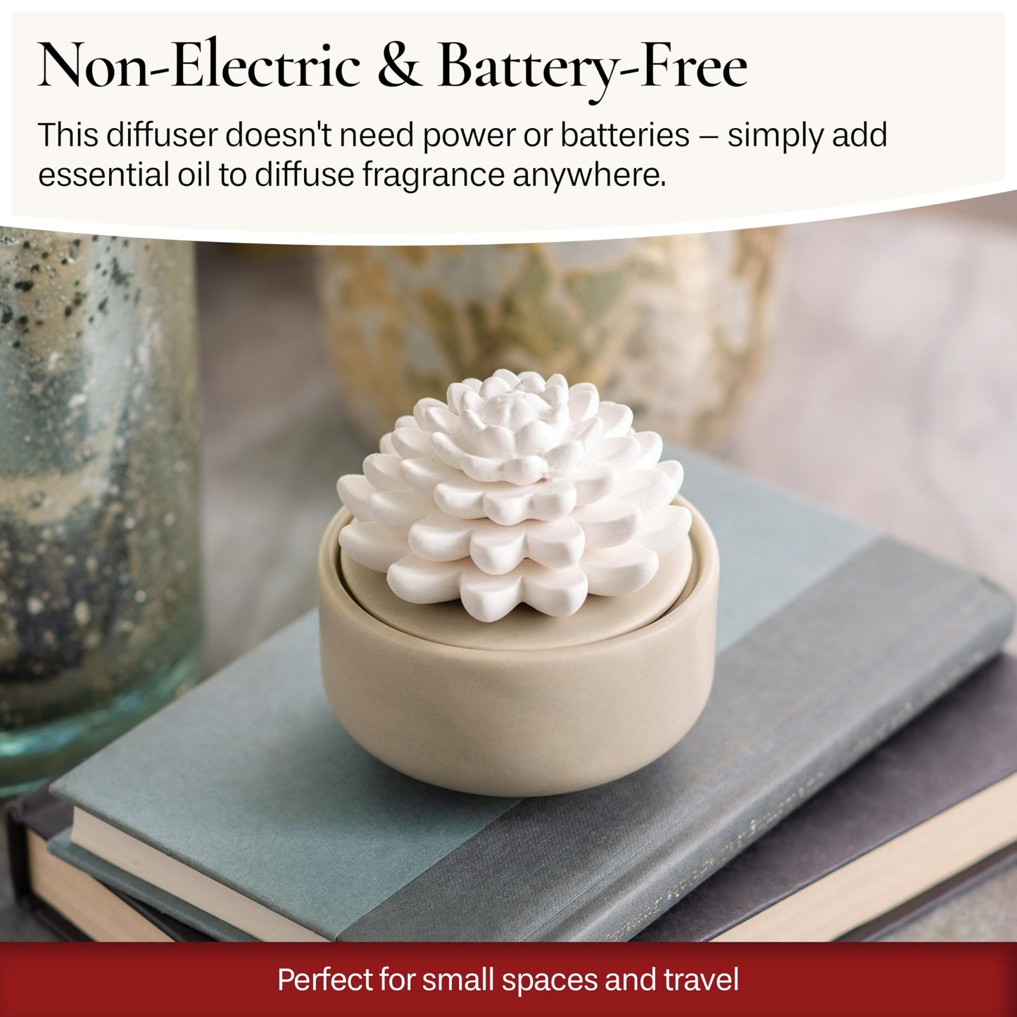 Airomé White Succulent Porcelain Passive Diffuser – Non-Electric, 15ml Peppermint Oil Included
