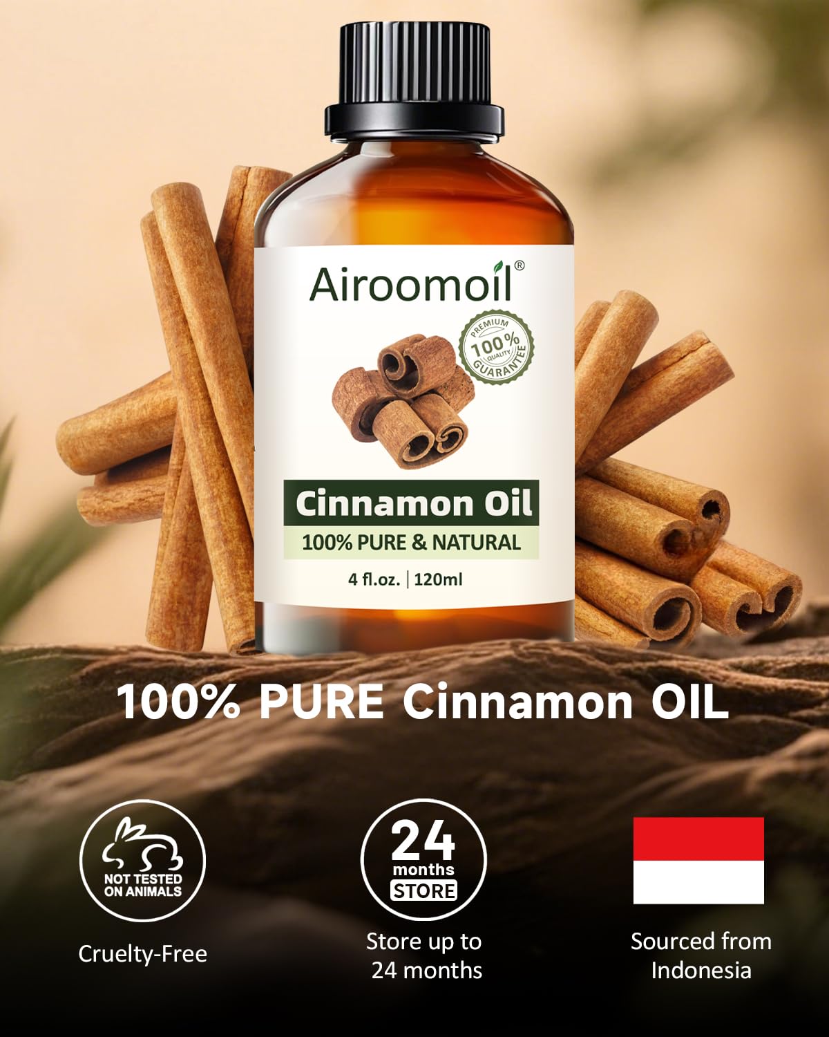 Airoomoil Cinnamon Essential Oil – 4 oz / 120 ml, 100% Natural Premium Grade for Diffusers, Skin & Massage