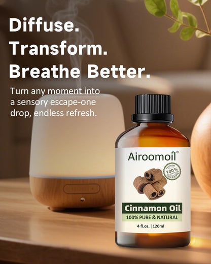 Airoomoil Cinnamon Essential Oil – 4 oz / 120 ml, 100% Natural Premium Grade for Diffusers, Skin & Massage