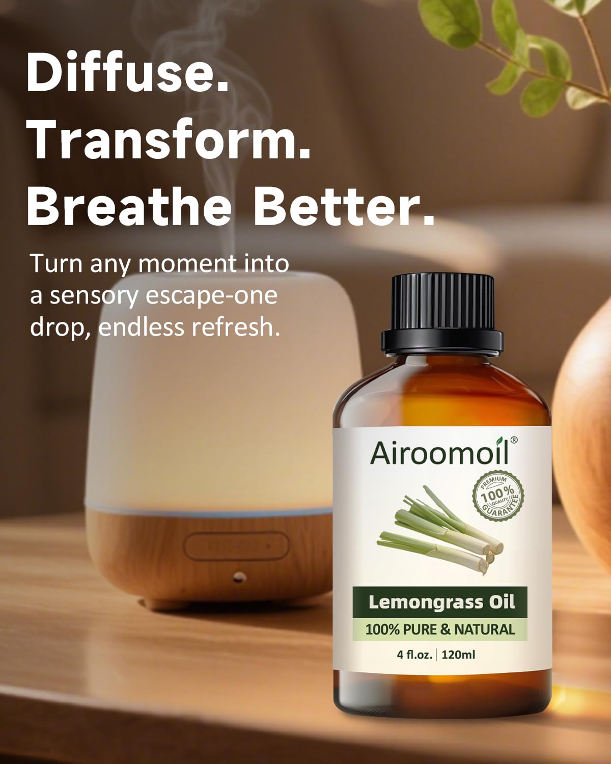 Airoomoil Pure Citronella Essential Oil – 100% Natural, Premium Grade, 4 oz (120 ml) for Diffusers, Skin, Soap, Aromatherapy