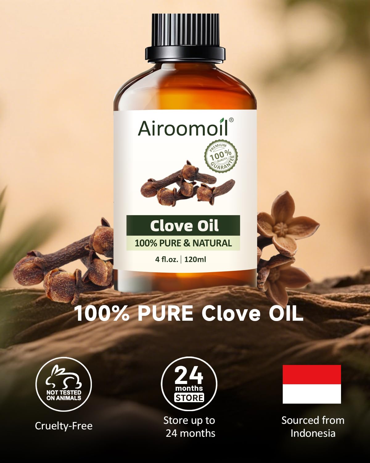 Airoomoil Pure Clove Essential Oil - 100% Natural, Premium Grade (4 Fl Oz / 120 ml)