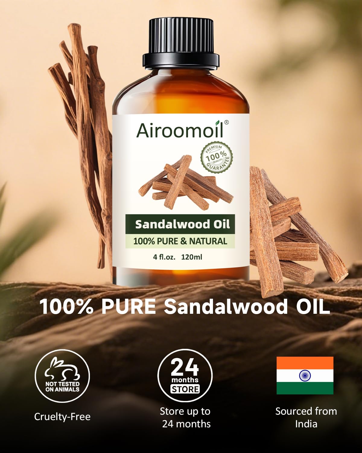 Airoomoil Pure Sandalwood Essential Oil – 4 oz (120 ml), Premium Grade for Diffusers, Skin & Aromatherapy