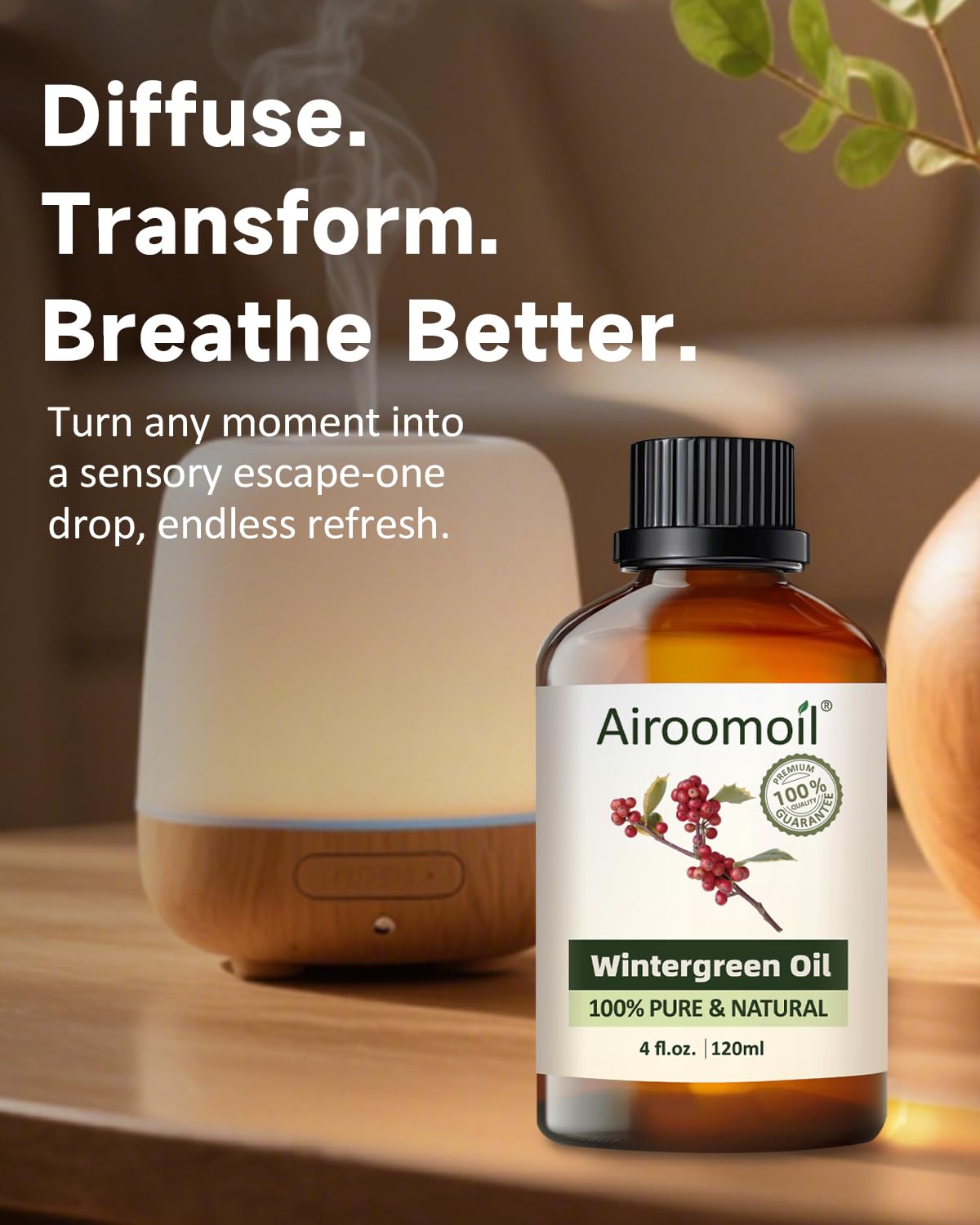 Airoomoil Wintergreen Essential Oil - 100% Natural, 4oz/120ml