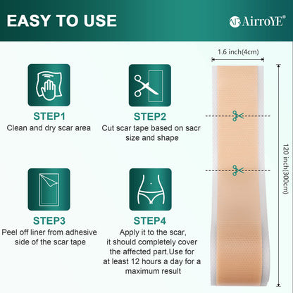 AirroYE Silicone Scar Sheets Roll 1.6x120 - Reusable Scar Tape for Surgical Scars, Keloids, C-Section & Burns