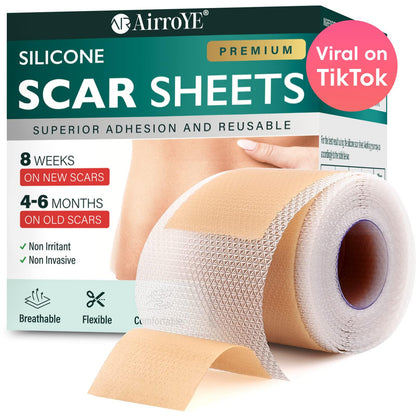 AirroYE Silicone Scar Sheets Roll 1.6x120 - Reusable Scar Tape for Surgical Scars, Keloids, C-Section & Burns