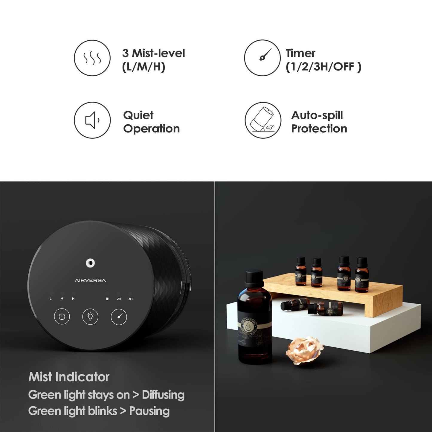 Airversa AN5 Black Waterless Diffuser 100mL – Premium Metal Nebulizer, Battery Operated