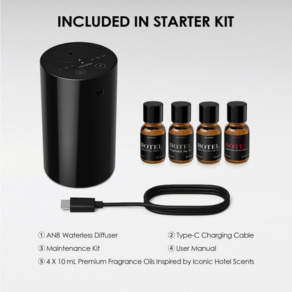 Airversa AN8 Kit Black – Waterless Essential Oil Diffuser Starter Kit with 4x10mL Fragrance Oils