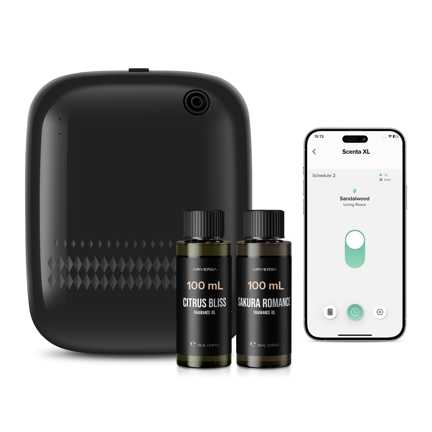Airversa Waterless Diffuser Starter Kit - 400 mL, 200 mL Oils, Up to 2000 sq ft, Black