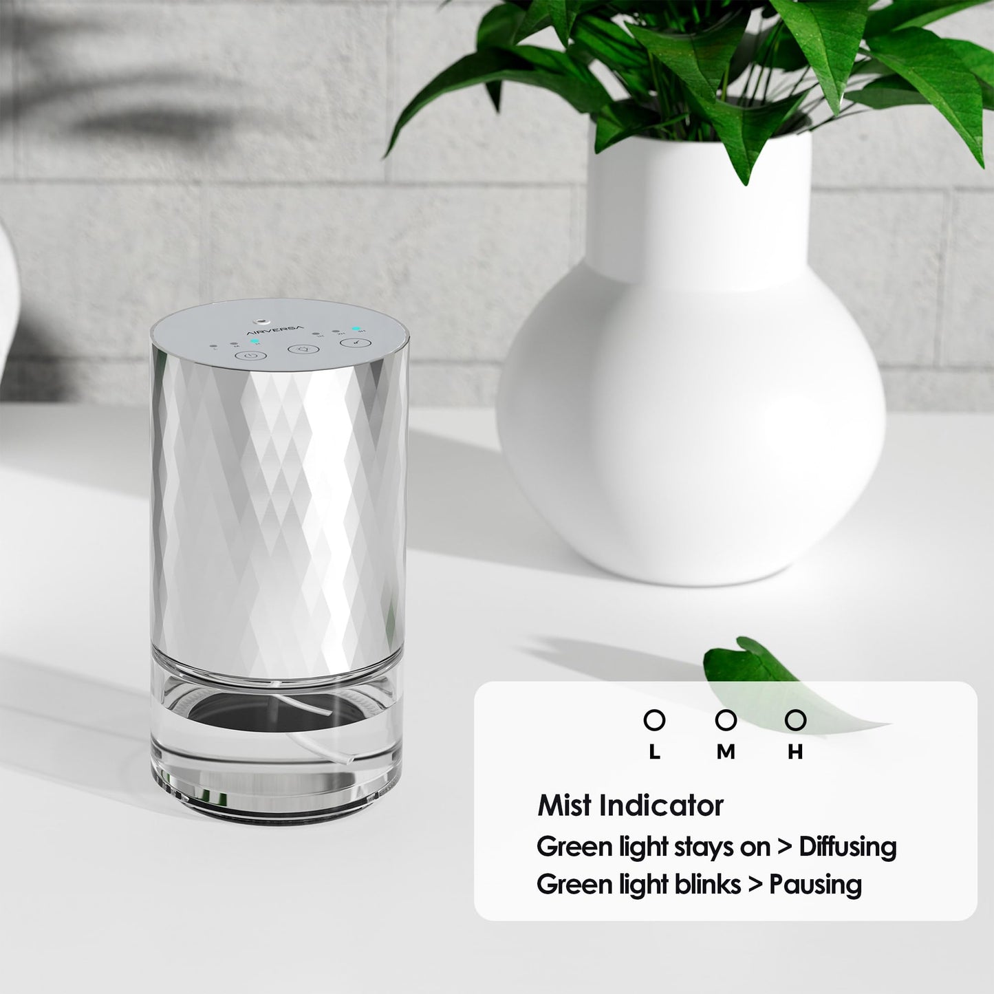 Airversa Waterless Diffuser 100ml Silver – Battery-Operated Nano Mist, 3 Mist Settings