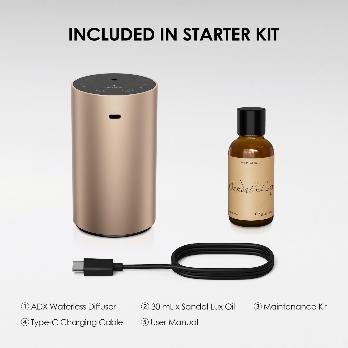 Airversa Waterless Diffuser Starter Kit with Sandal Lux Oil – Portable Battery-Operated