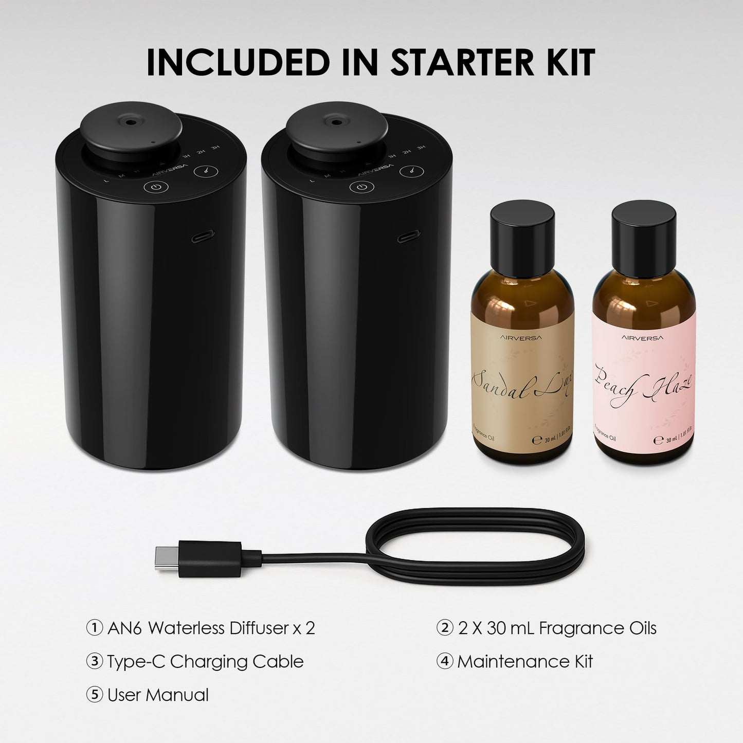 Airversa Waterless Diffuser Starter Kit 2x30mL Oils Portable Battery Diffuser Black