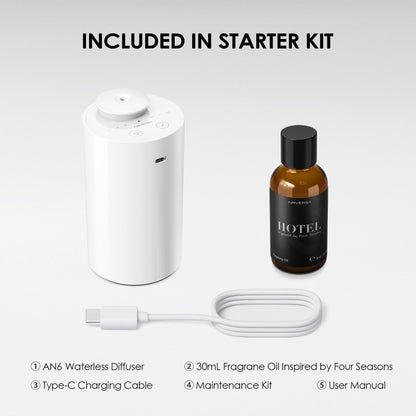Airversa Waterless Diffuser Starter Kit – Four Seasons Hotel Inspired, Battery-Operated White AN6