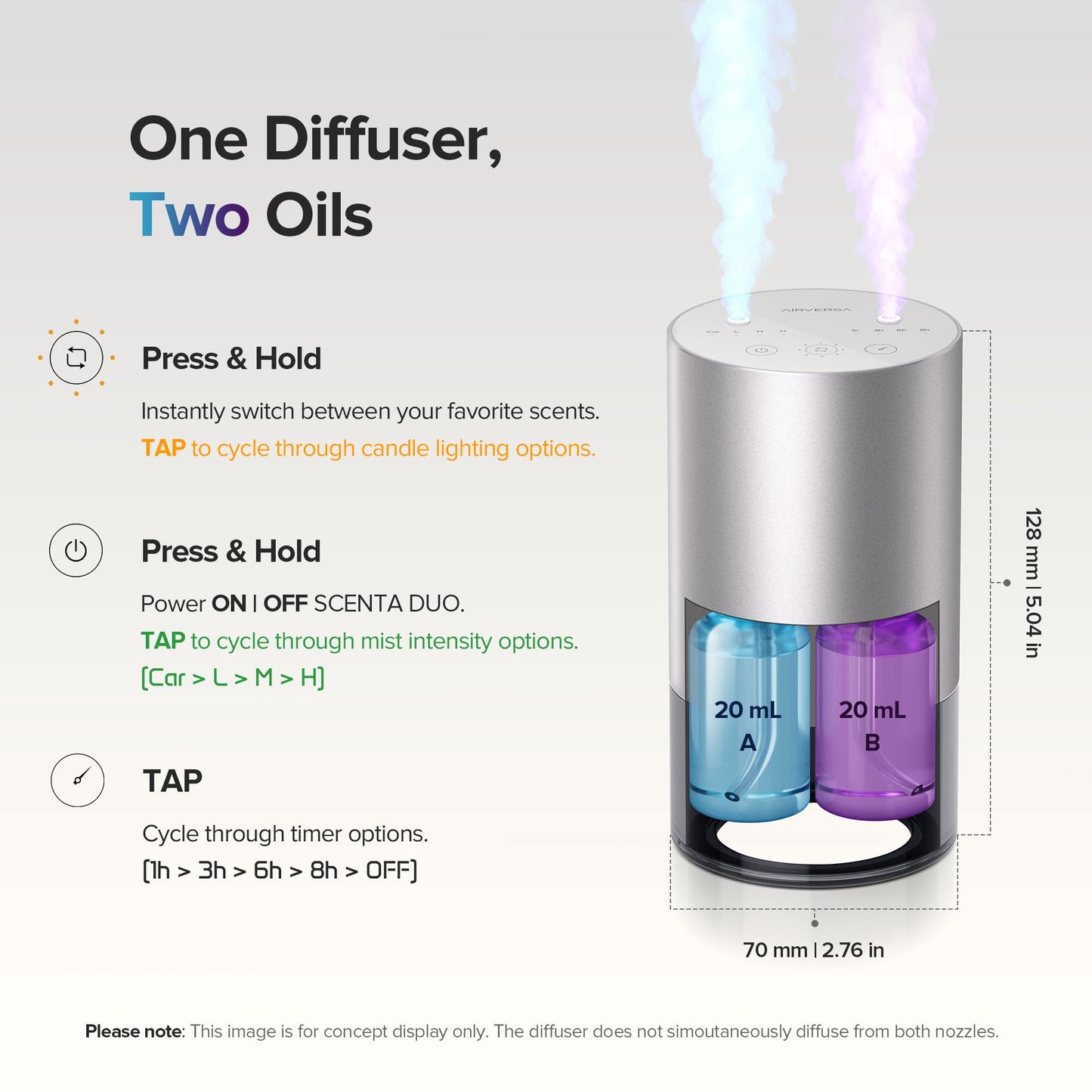Airversa Waterless Dual-Nozzle Essential Oil Diffuser – 5 Timers, 4 Mist Levels, Gold