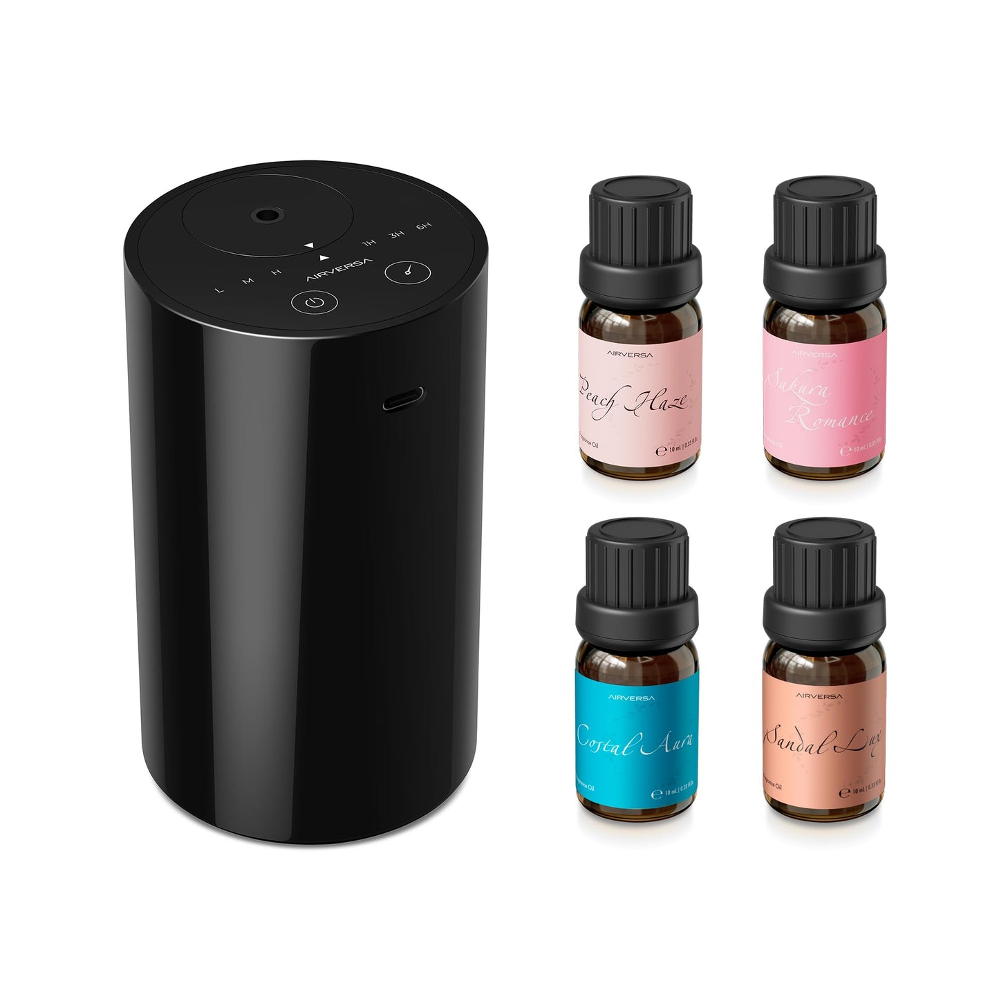 Airversa Waterless Diffuser Starter Kit AN8 Kit2 Black — 4x 10mL Fragrance Oils, USB-C Rechargeable