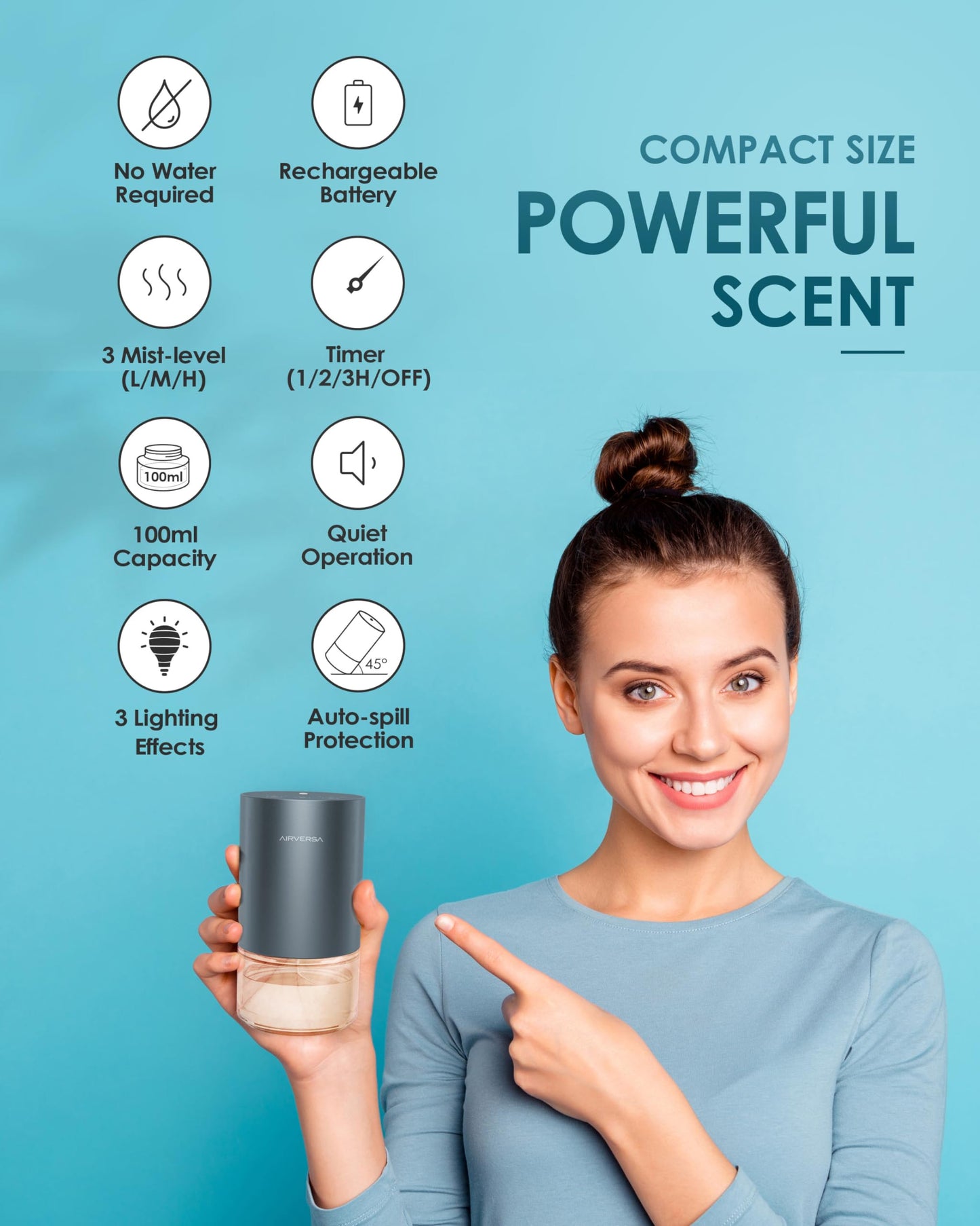 Airversa Waterless Diffuser — Battery-Powered Aromatherapy Nebulizer, 100ml Glass Bottle, 3 Mist Settings, Space Gray