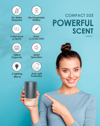 Airversa Waterless Diffuser — Battery-Powered Aromatherapy Nebulizer, 100ml Glass Bottle, 3 Mist Settings, Space Gray
