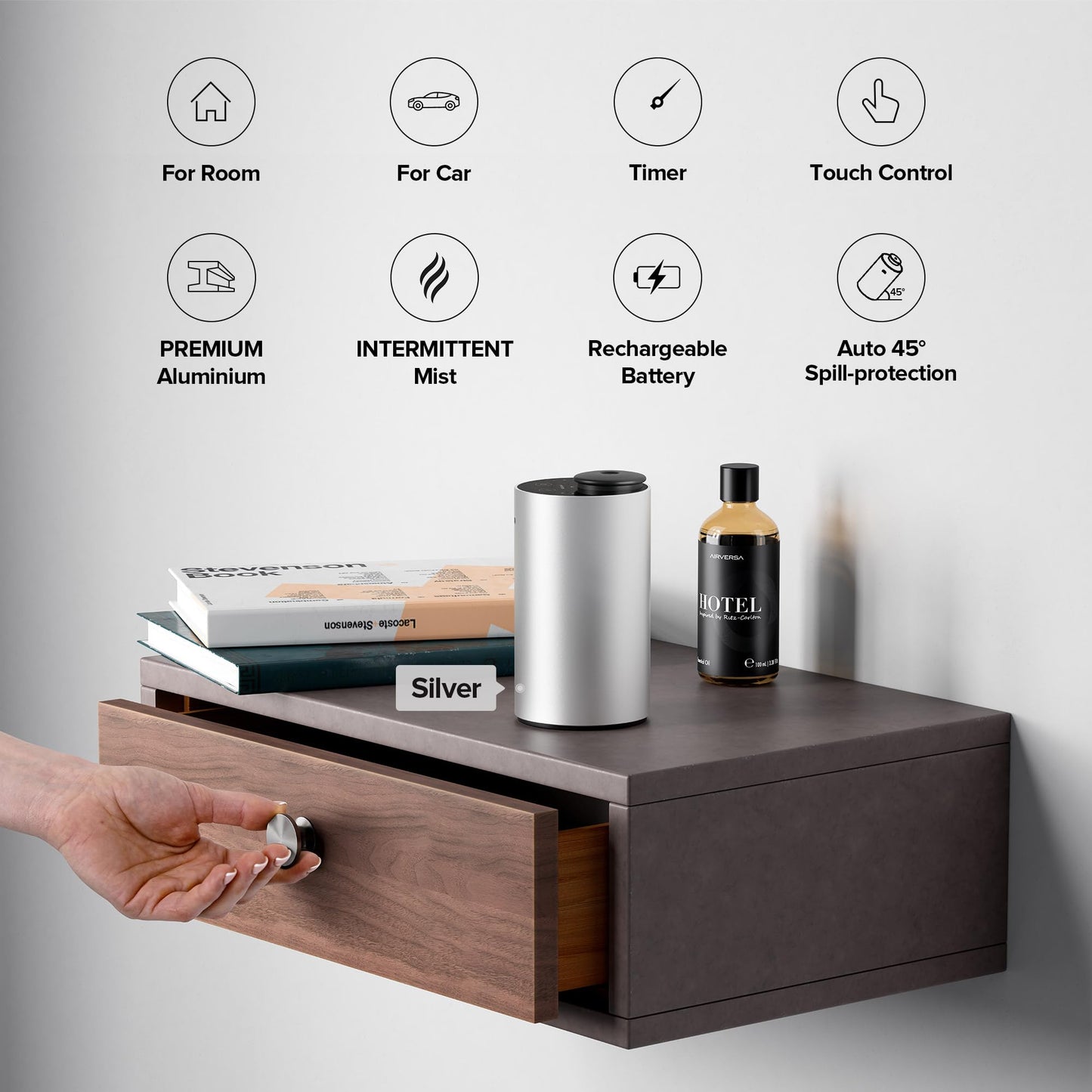 Airversa Waterless Essential Oil Diffuser – 3 Mist Levels, 3 Timers, USB-C, ANX Premium Metal Ice Blue