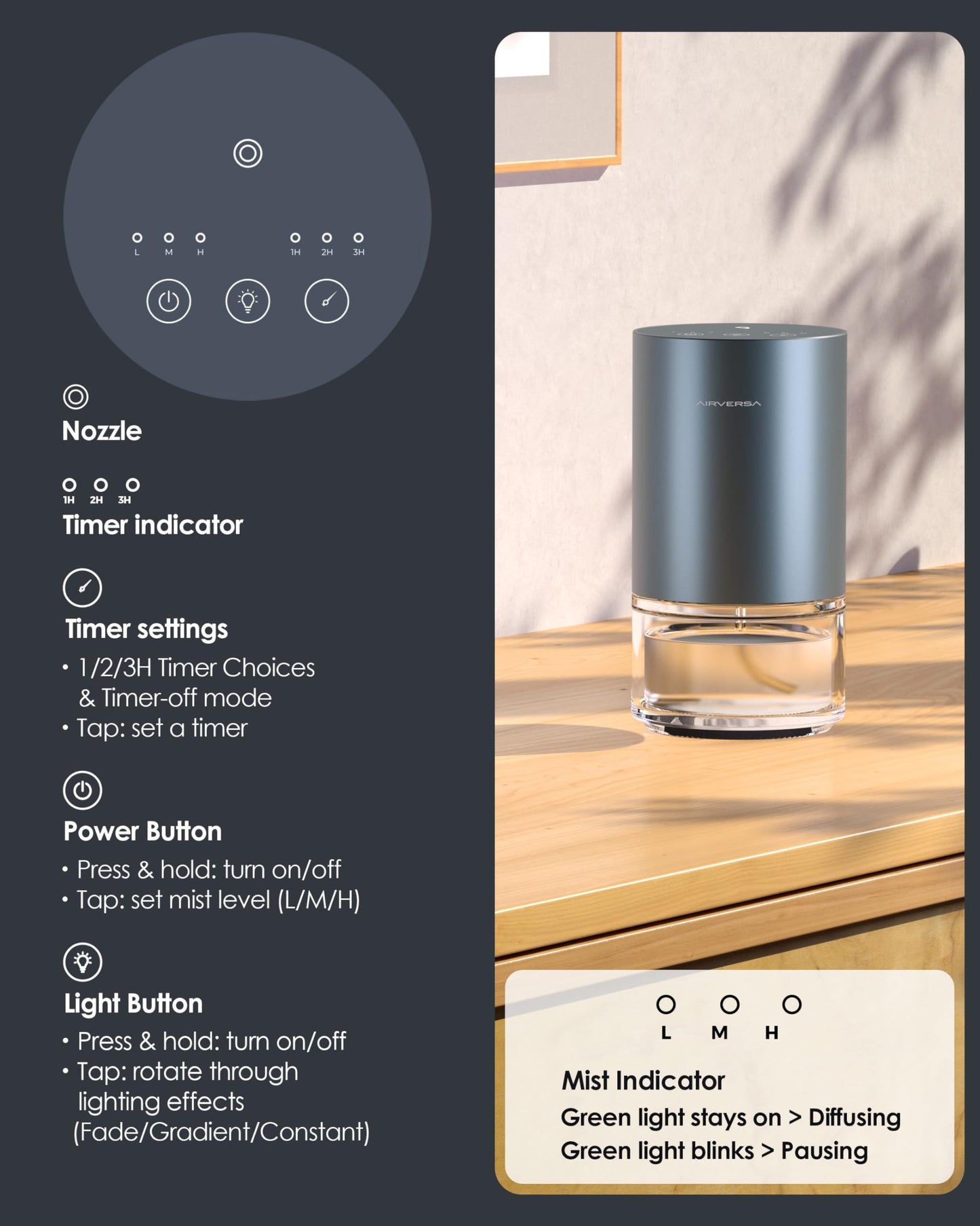 Airversa Waterless Diffuser — Battery-Powered Aromatherapy Nebulizer, 100ml Glass Bottle, 3 Mist Settings, Space Gray