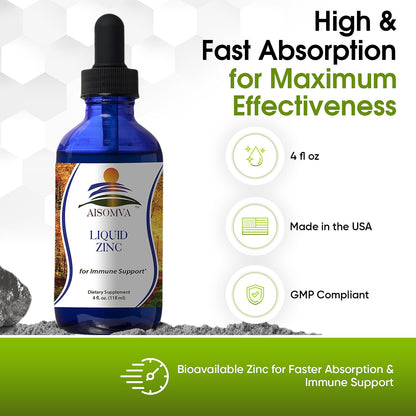 AISOMVA Liquid Zinc Drops – High-Absorption Zinc for Immune Support, Skin & Bones | Made in USA (4 oz)
