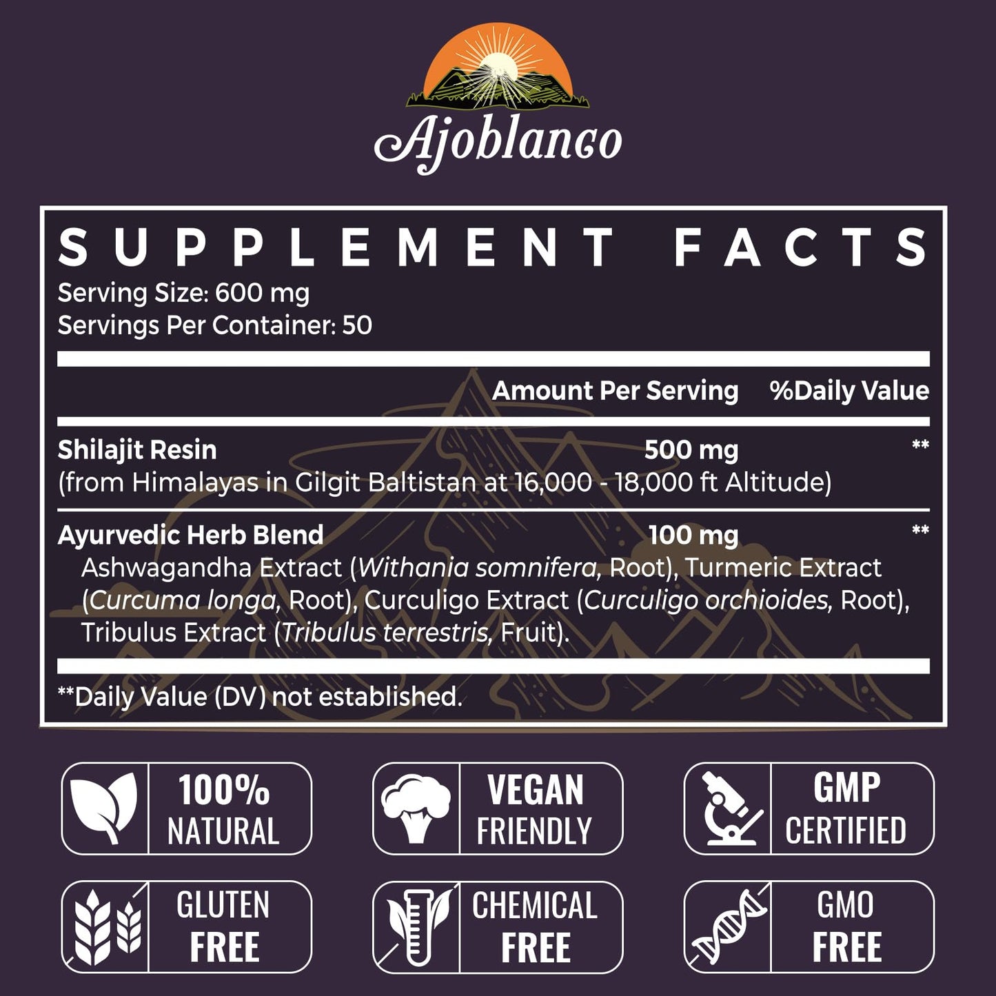 Ajoblanco 600mg Himalayan Shilajit Resin – Organic Ayurvedic Blend, Pack of 2 for Energy & Immunity