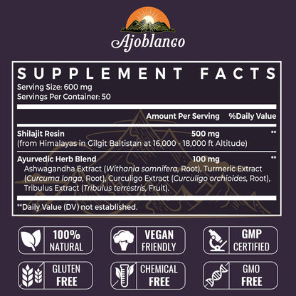 Ajoblanco 600mg Himalayan Shilajit Resin – Organic Ayurvedic Blend, Pack of 2 for Energy & Immunity