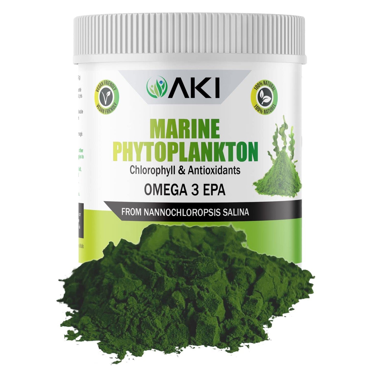 AKI Marine Phytoplankton Powder – Vegan Omega-3 EPA, Plant-Based Protein, 2oz/57g