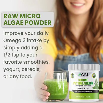 AKI Marine Phytoplankton Powder – Vegan Omega-3 EPA, Plant-Based Protein, 2oz/57g