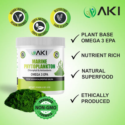 AKI Marine Phytoplankton Powder – Vegan Omega-3 EPA, Plant-Based Protein, 2oz/57g
