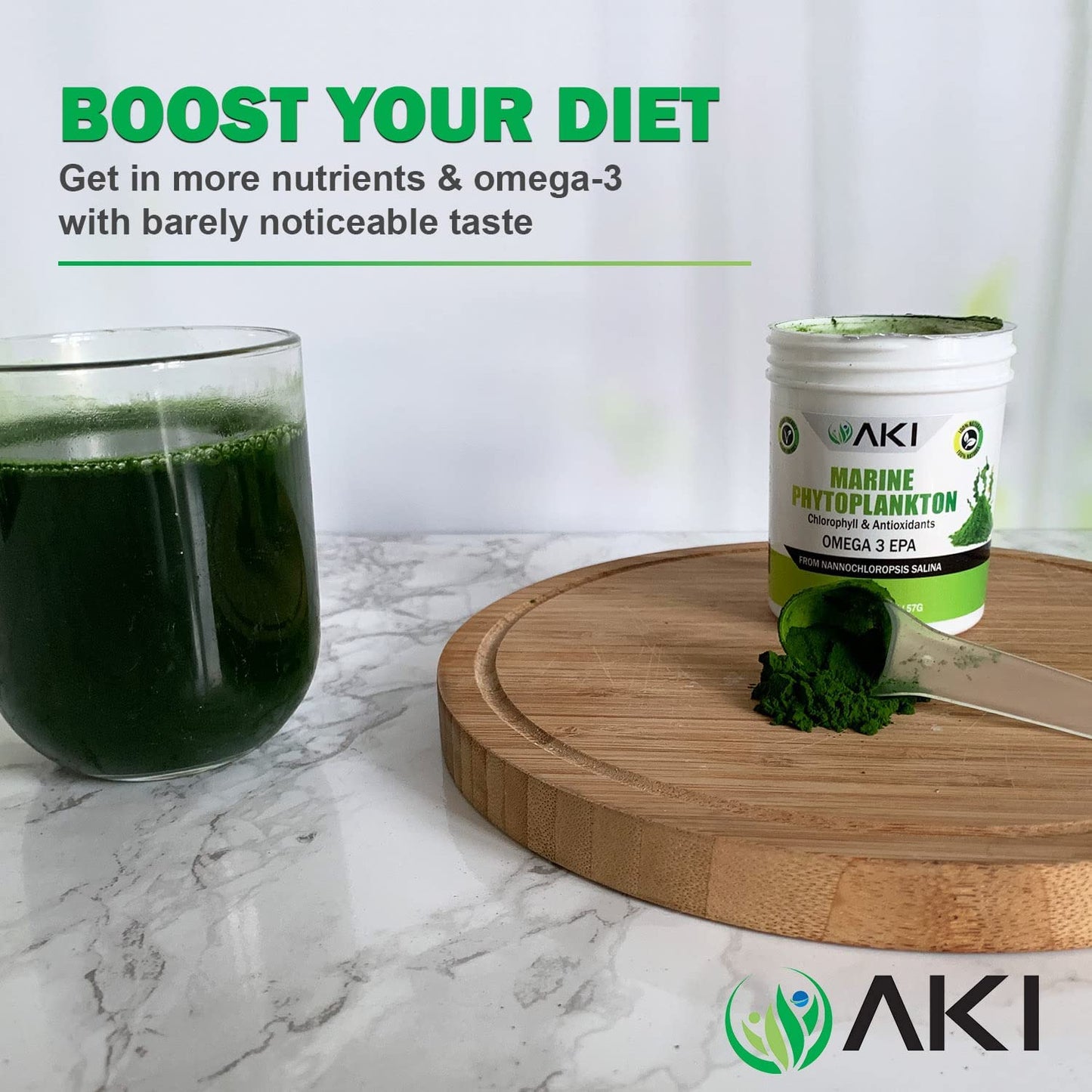 AKI Marine Phytoplankton Powder – Vegan Omega-3 EPA, Plant-Based Protein, 2oz/57g