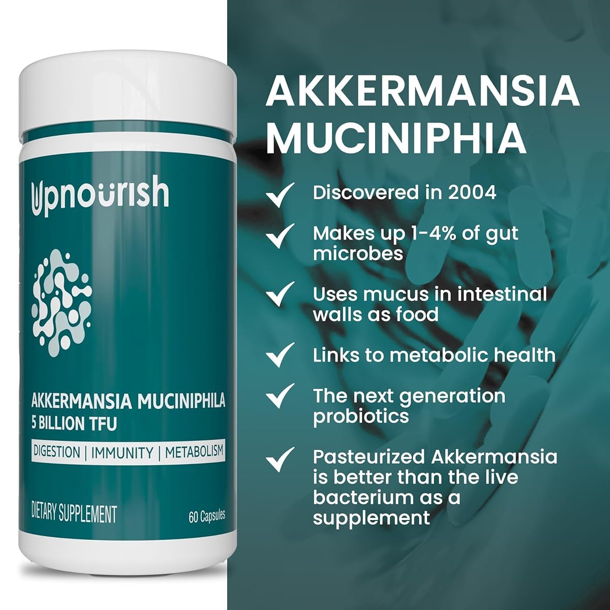 UpNourish Probiotics for GLP-1 Support – 5B TFU Akkermansia muciniphila, Digestive Health, Leaky Gut & Metabolic Wellness, 60 Capsules