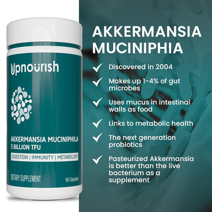 UpNourish Probiotics for GLP-1 Support – 5B TFU Akkermansia muciniphila, Digestive Health, Leaky Gut & Metabolic Wellness, 60 Capsules