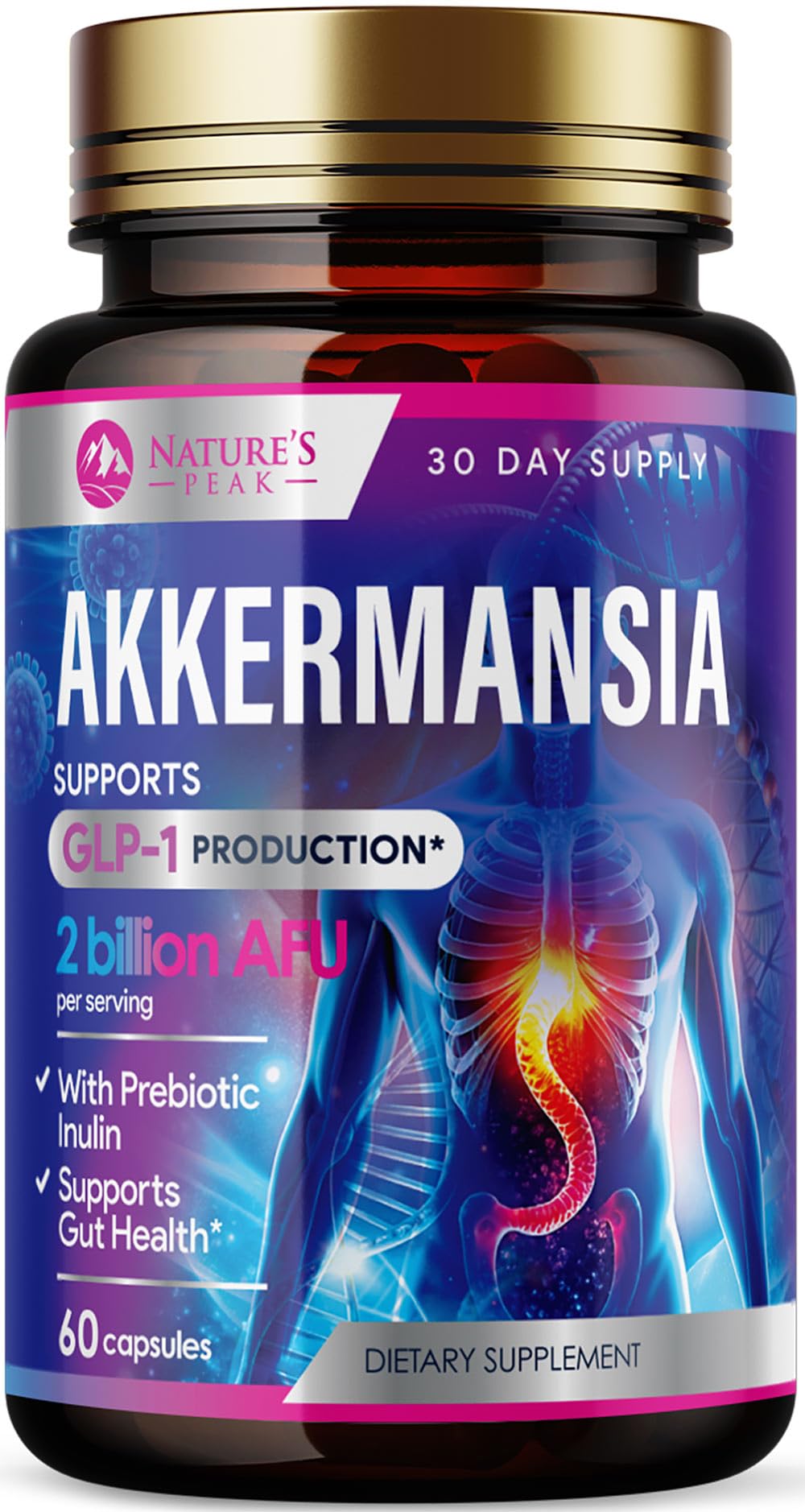 Akkermansia Probiotic Supplement - 2 Billion AFU GLP-1 with Prebiotic Fiber - 60 Capsules