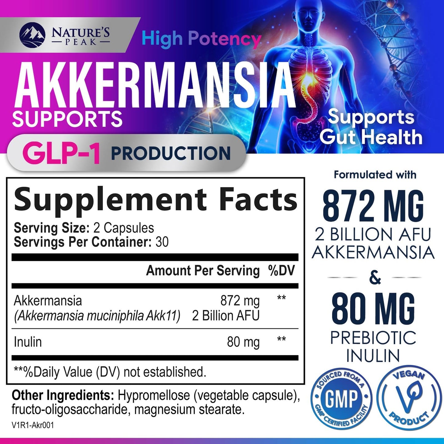 Akkermansia Probiotic Supplement - 2 Billion AFU GLP-1 with Prebiotic Fiber - 60 Capsules