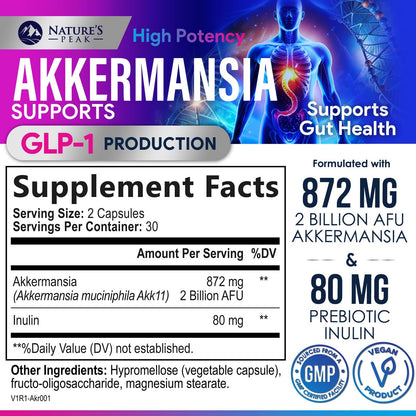 Akkermansia Probiotic Supplement - 2 Billion AFU GLP-1 with Prebiotic Fiber - 60 Capsules