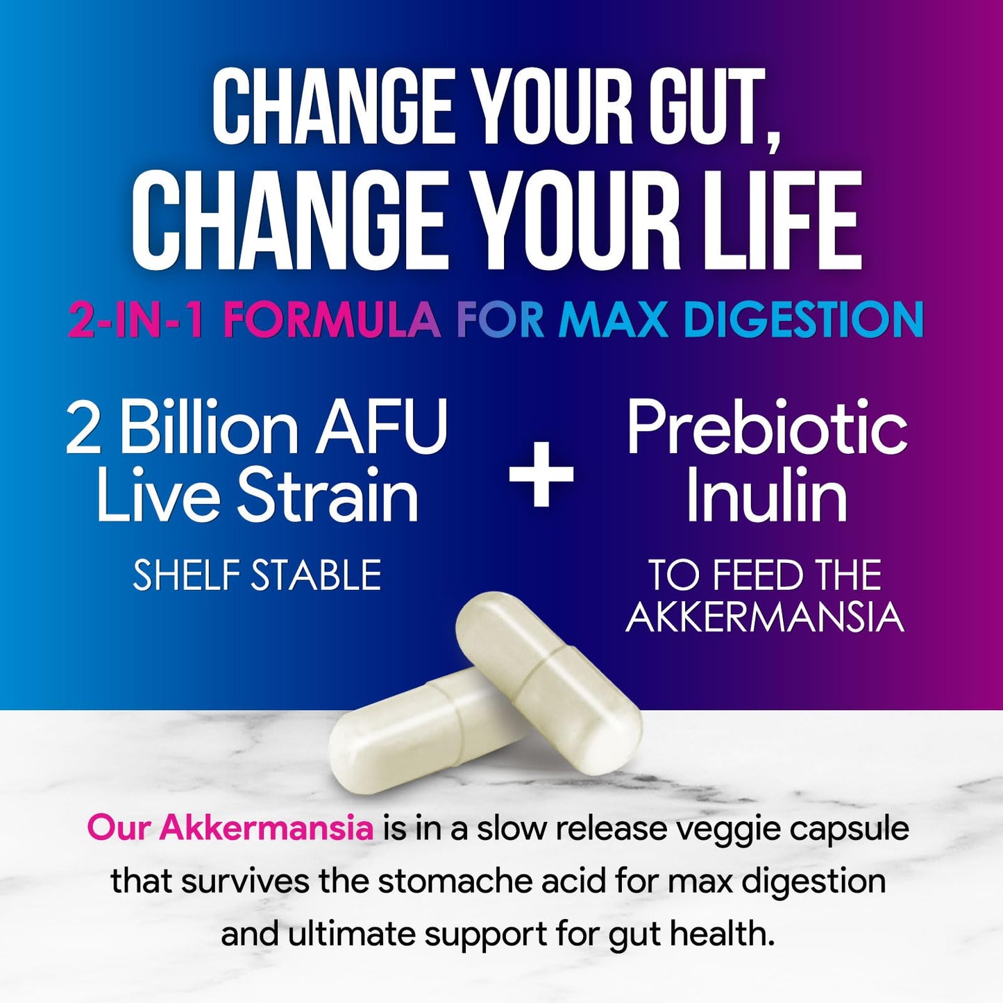 Akkermansia Probiotic Supplement - 2 Billion AFU GLP-1 with Prebiotic Fiber - 60 Capsules