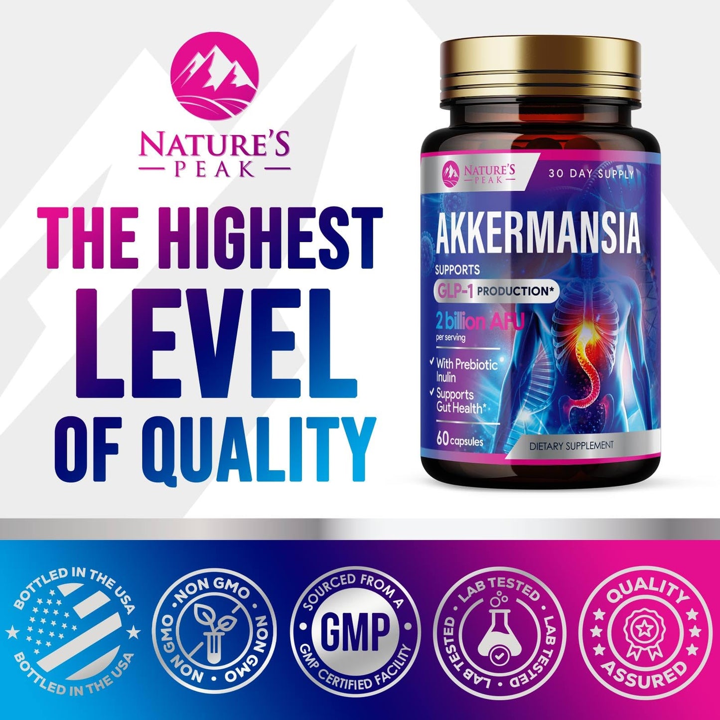 Akkermansia Probiotic Supplement - 2 Billion AFU GLP-1 with Prebiotic Fiber - 60 Capsules