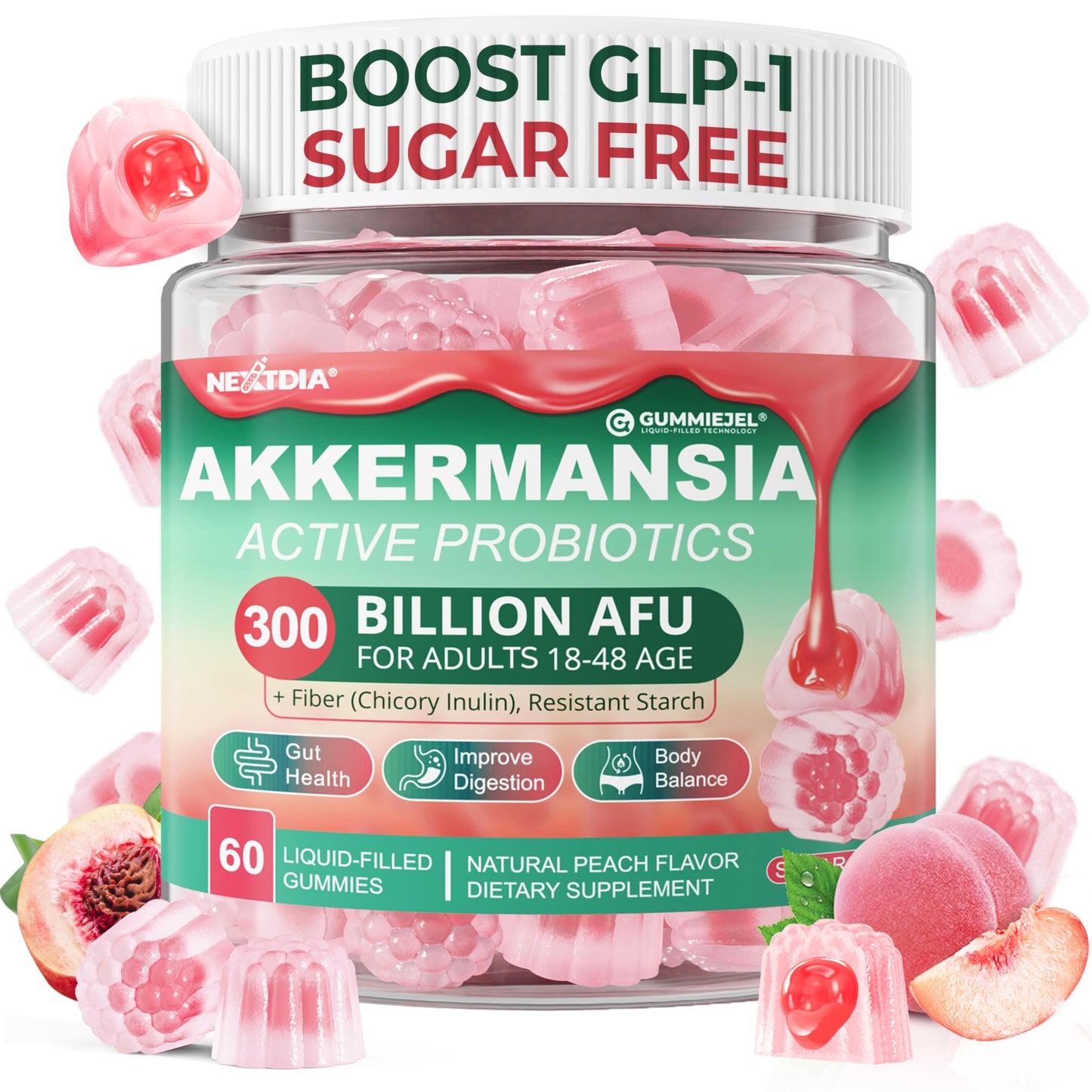 Akkermansia Probiotics Gummies with Prebiotics Fiber | 300 Billion AFU | Gut Health & Metabolism