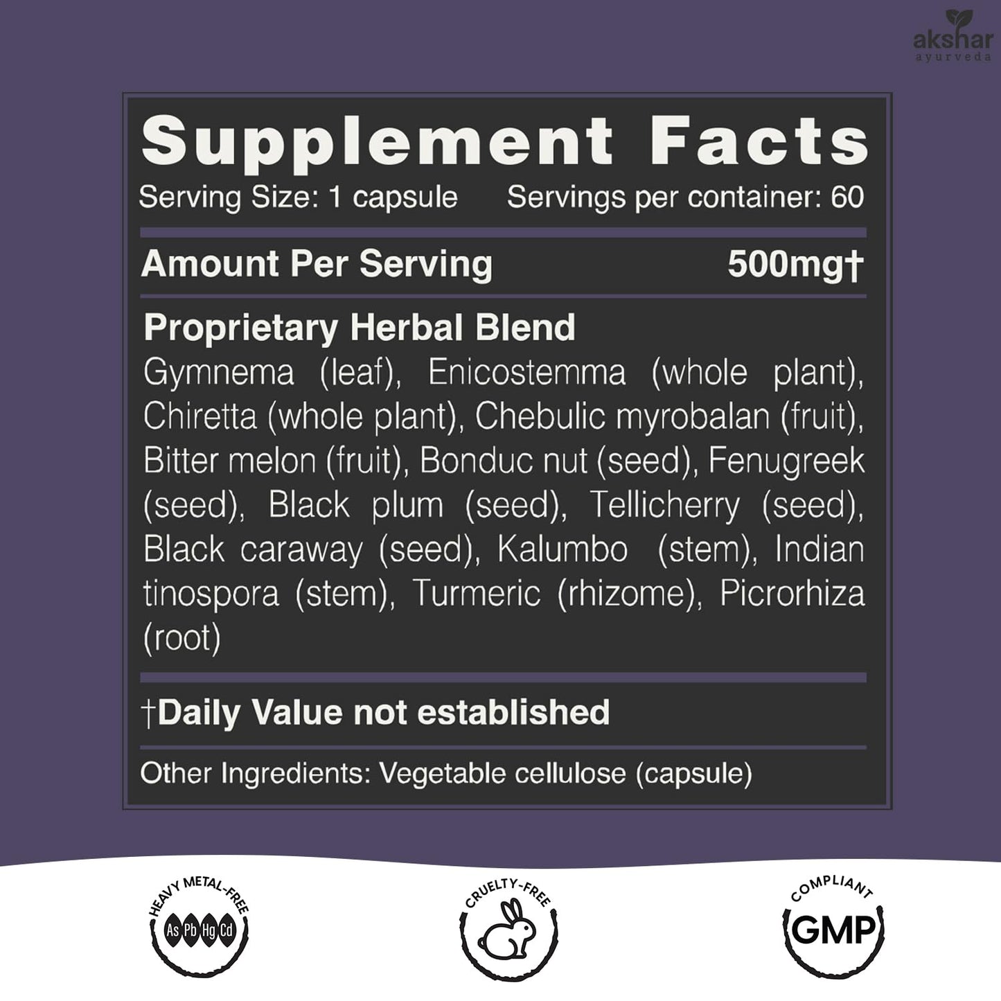 AKSHAR Ayurveda Gluco Support - Gymnema, Bitter Melon, Turmeric (60 Capsules)
