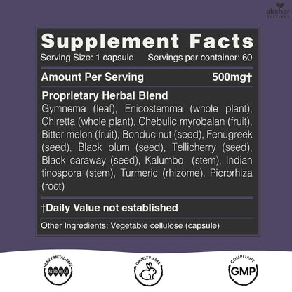 AKSHAR Ayurveda Gluco Support - Gymnema, Bitter Melon, Turmeric (60 Capsules)