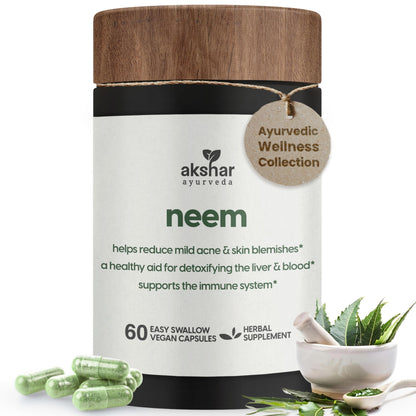 AKSHAR Ayurveda Neem Capsules with Neem Extract & Leaf Powder - 60 Count, Vegan & Cruelty-Free